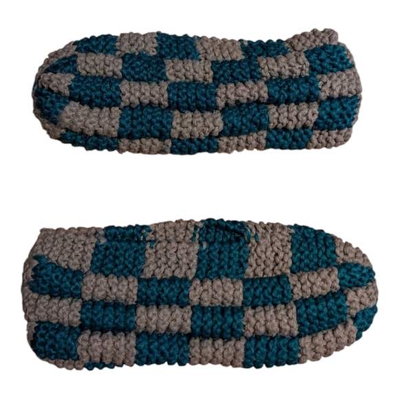 Handmade Knitted Acrylic Yarn Slippers Pantouffles Turquoise Grey - Picture 4 of 5
